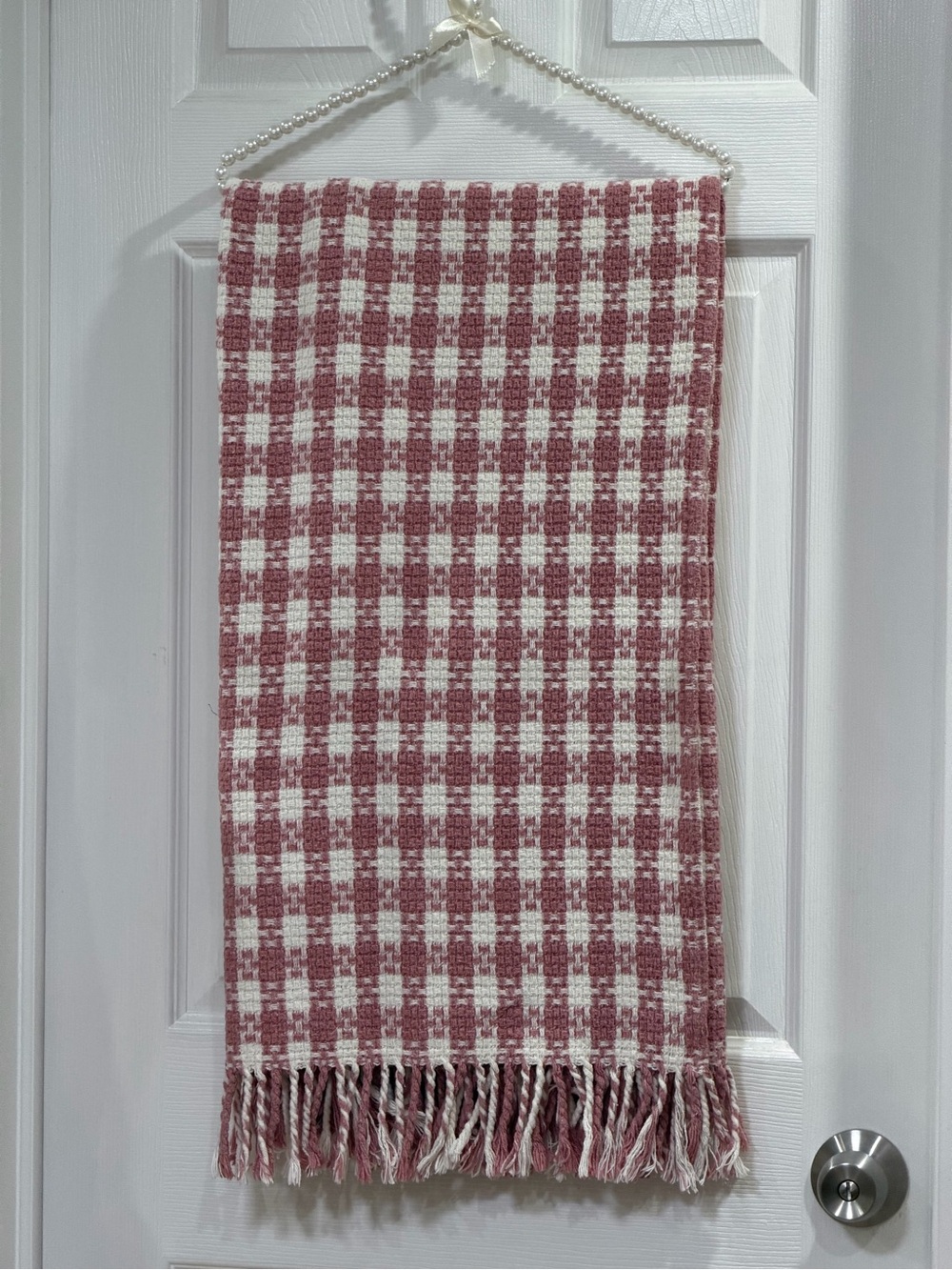 Dusty Rose & White Plaid Fringe  Throw Blanket